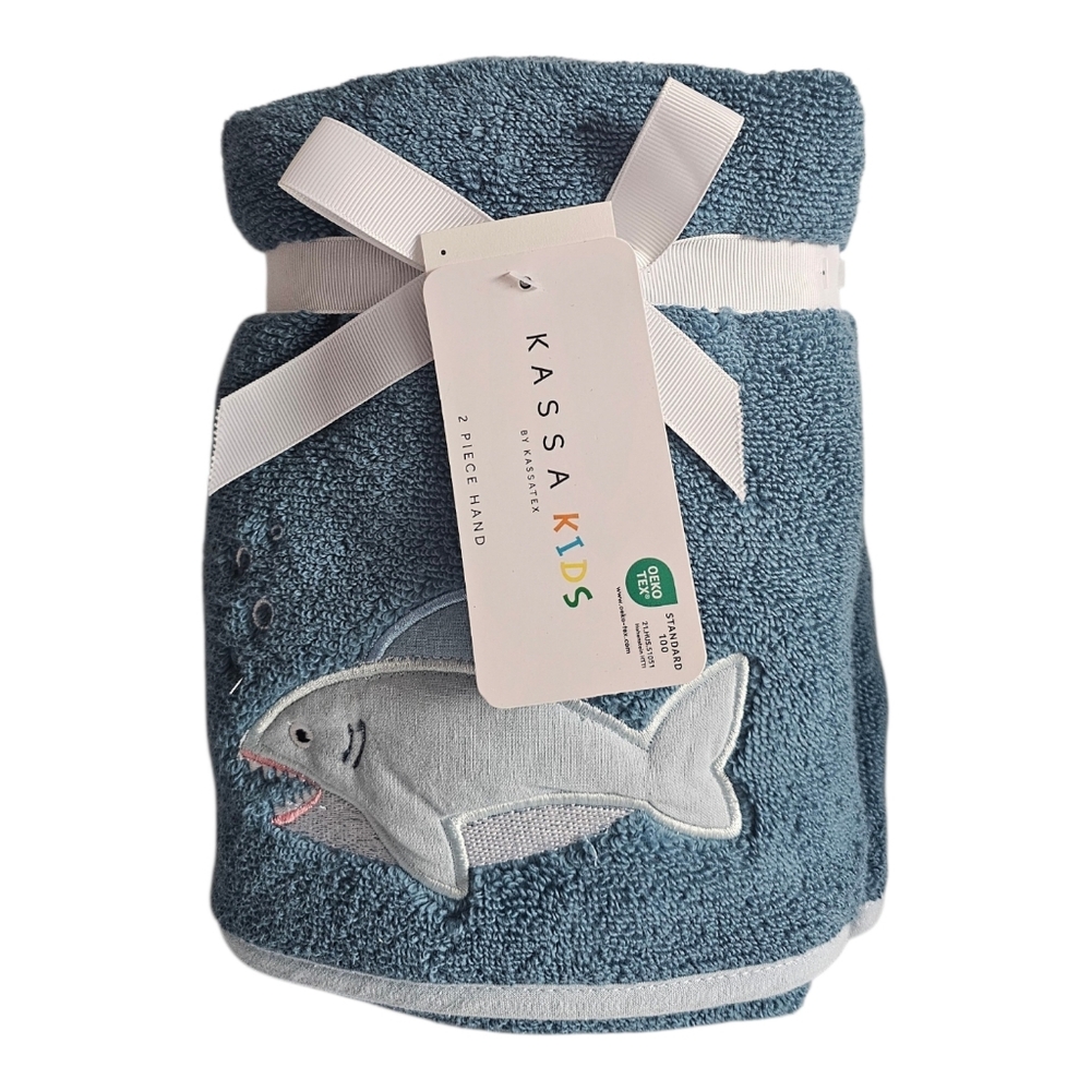 2 PC Set Kassa Kids Hand Towels Nautical Ocean Embroidered Shark Blue Sea Life